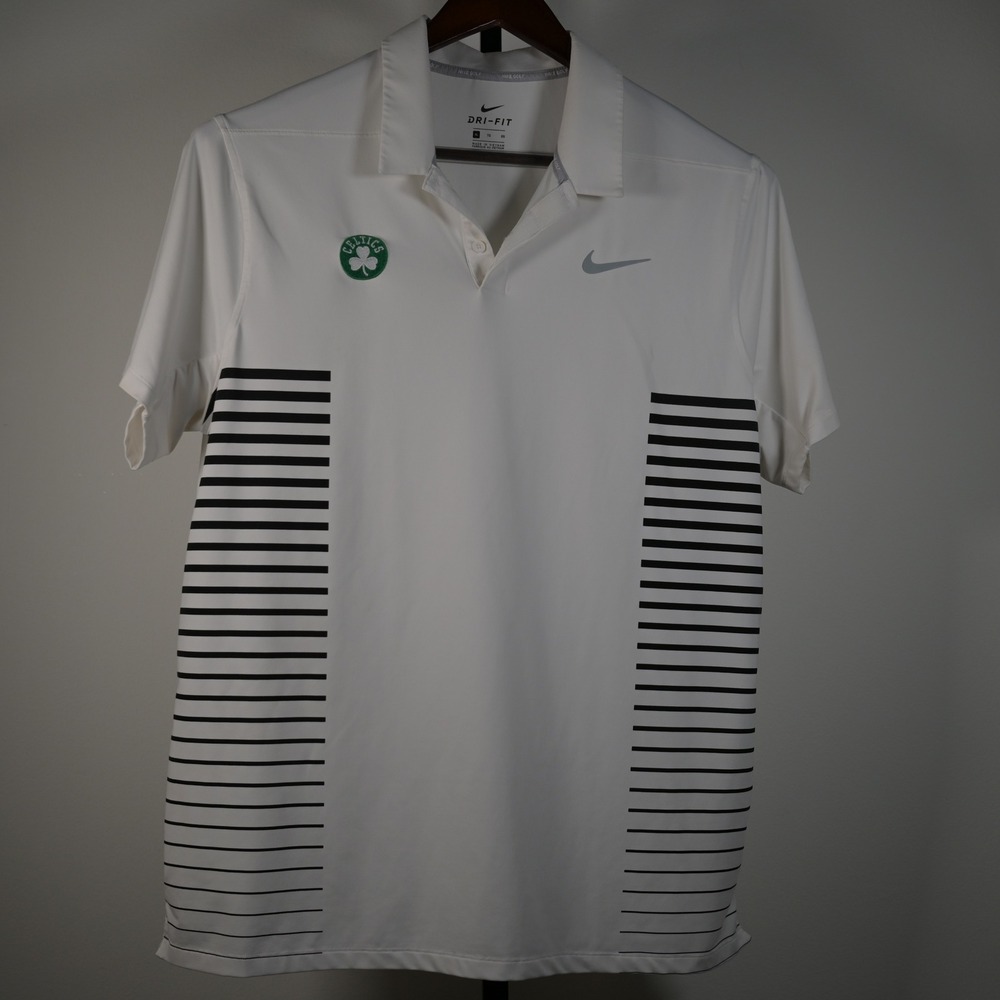 Nike Golf Dri-FIT Boston Celtics Polo Shirt Mens XL White Black Striped NBA